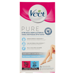 Veet Pure Strisce Depilatorie Corpo e Gambe, Ipoallergeniche, Confezione da 16 Strisce