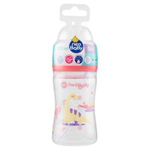 neo Baby Biberon Plastica Collo Largo 150 ml 0m+ Dino Rosa