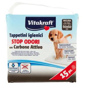 Vitakraft Tappetini igienici Stop Odori con Carbone Attivo Misura 60x60 cm. 15 pz